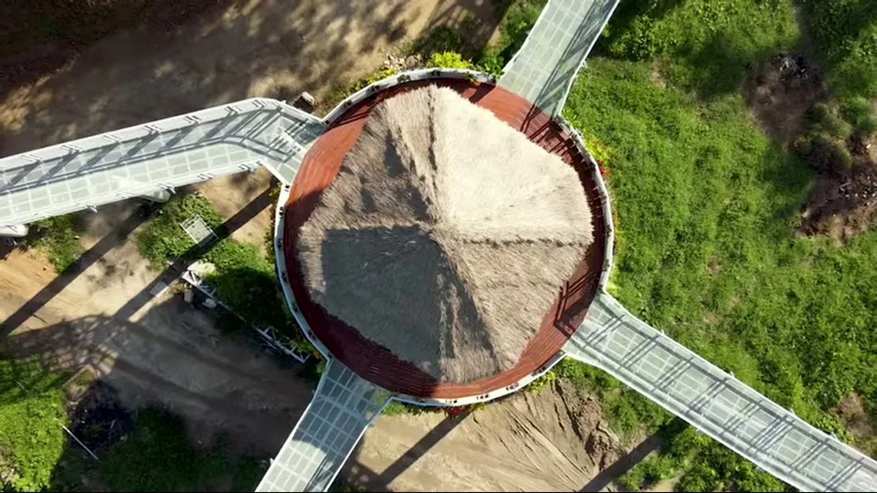 Overhead drone view of circular platform and canopy walkways at Phuket Elephant Sanctuary