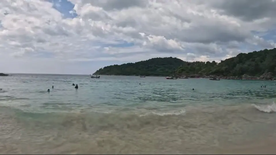 Swimmers cross glassy shallows near boats and a forested headland.